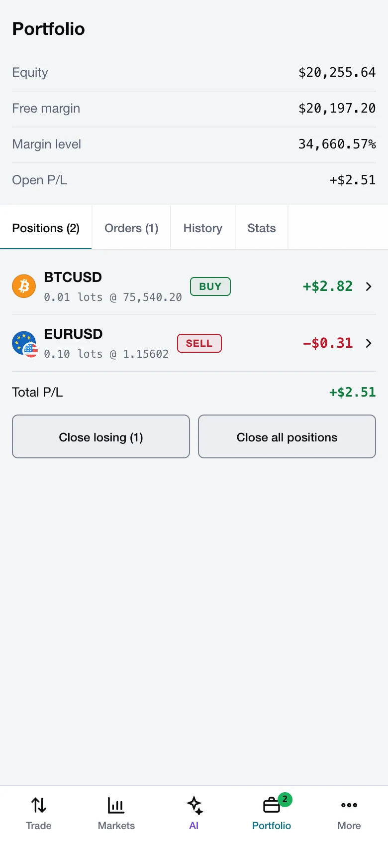 Portfolio tab of the Antelope mobile trader: equity, margin and open positions